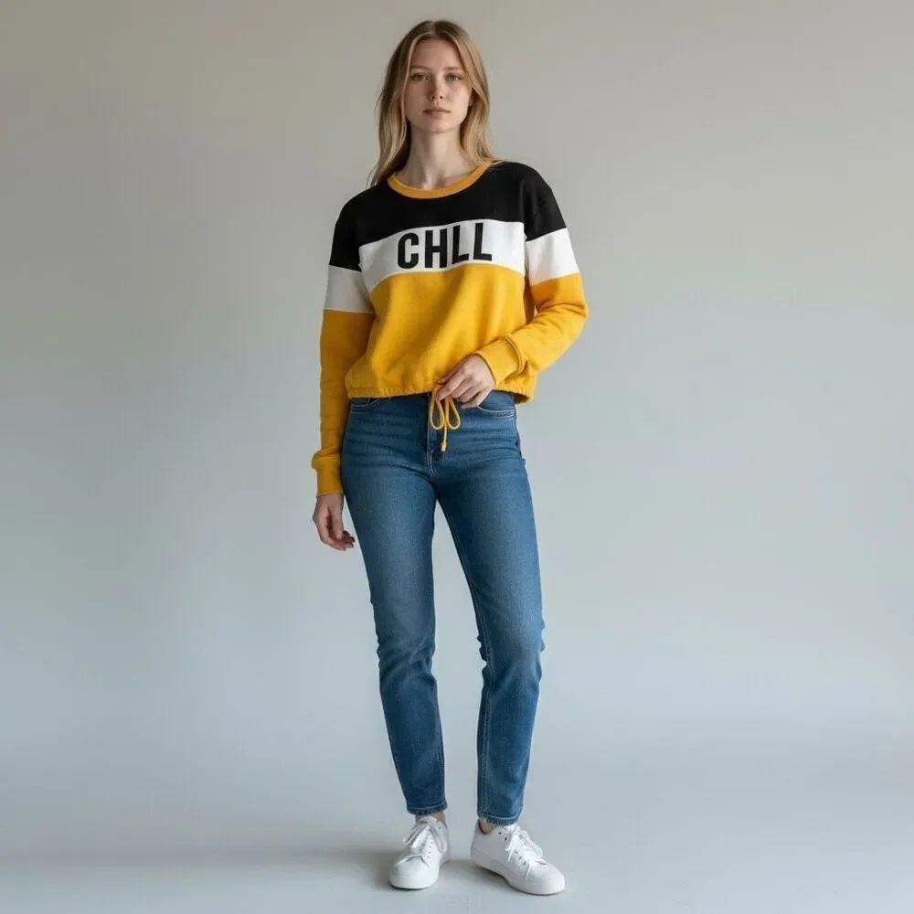 Forever 21 Solid Yellow CHILL logo Cropped Sweatshirt Cotton Blend size M